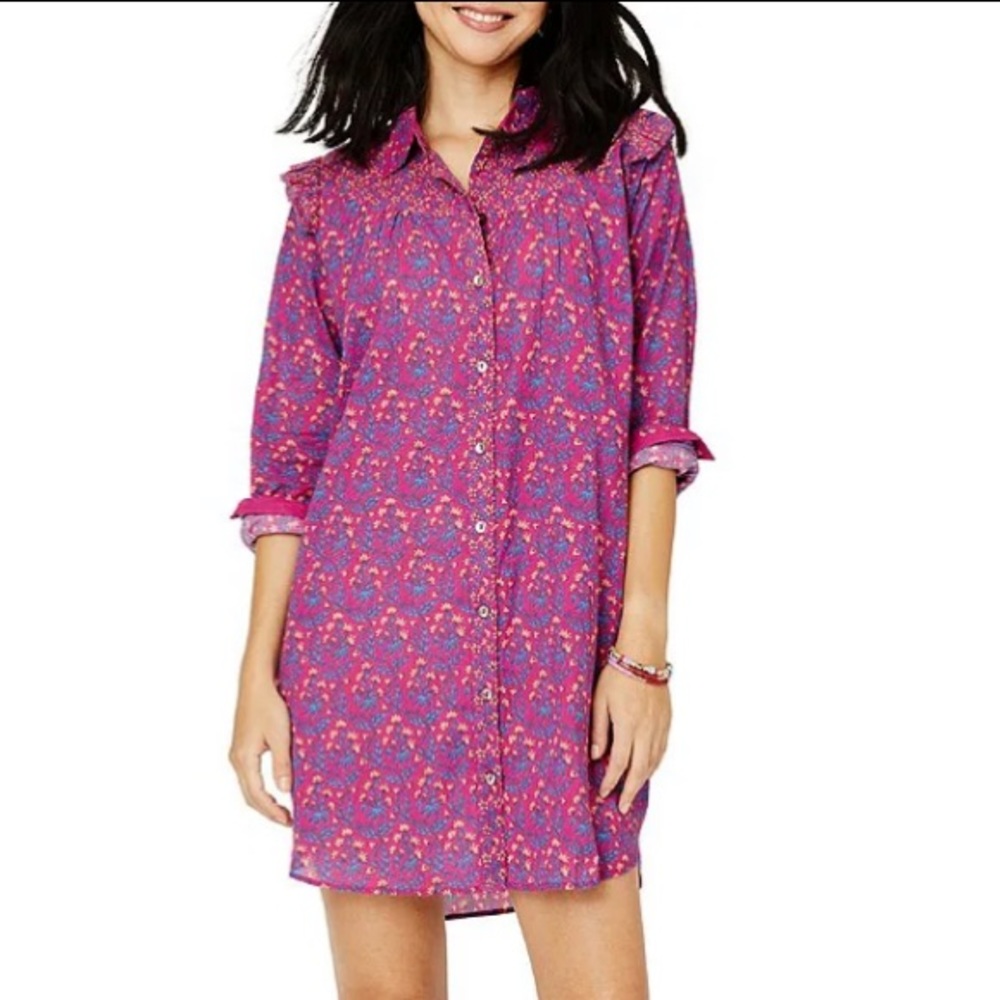 Roller Rabbit Augusta Darya Floral Print Ruffle Button Front Shirt Dress Large